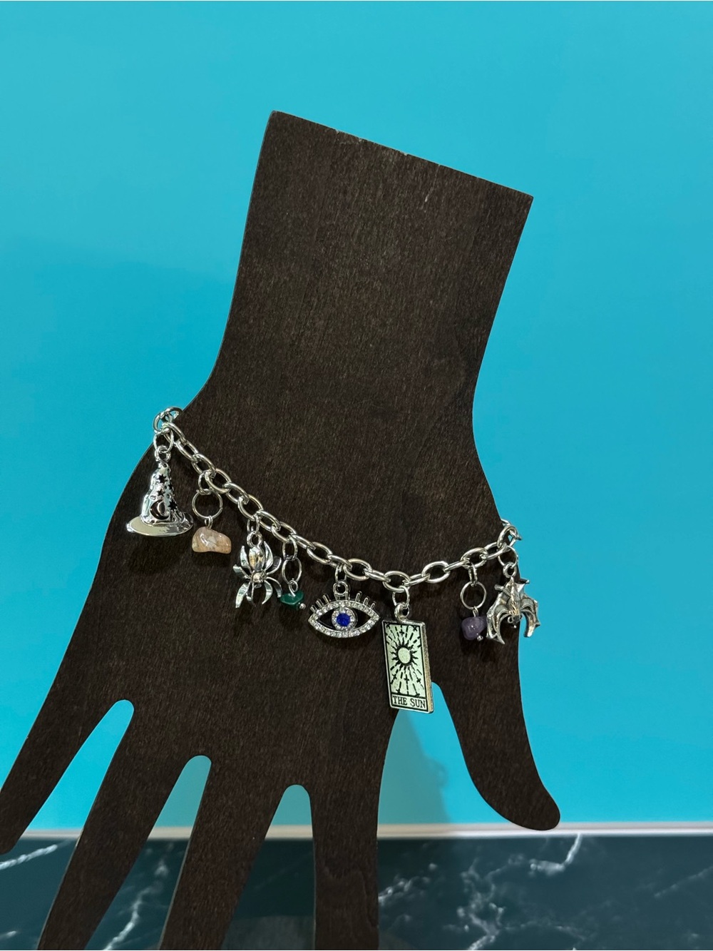 Witchy Goth Silver Charm Bracelet with Blue, Purple, Green and Peach Accents